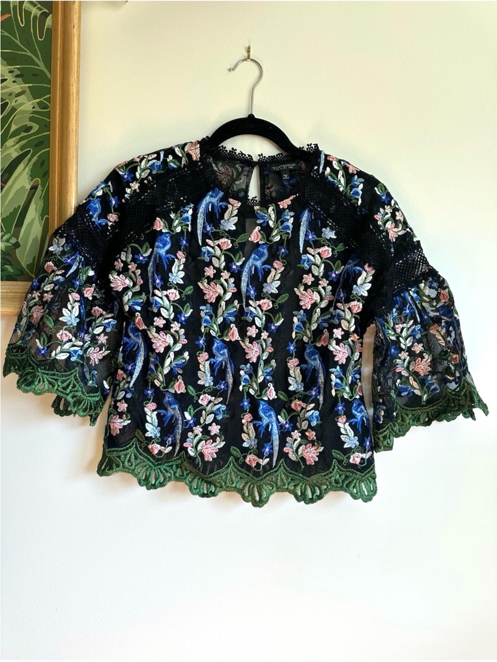 Topshop Floral Bird Embroidered Flare Sleeve Blouse Womens 4 Black Blue Green